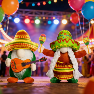 Décoration de Noël : Figurine sans visage de vieil homme mexicain avec chapeau de paille, couple de gnomes, instrument de musique, ornement de poupée sans visage - Product Image 1
