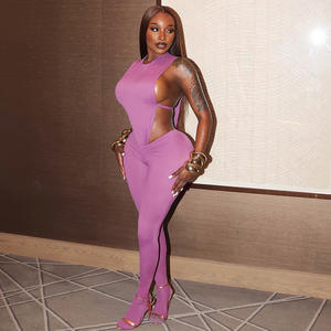 ชุดเซ็ตใหม่มาแรงสำหรับผู้หญิง เสื้อบอดี้สูทคอกลมแขนกุด กางเกงรัดรูปเอวกลาง ชุดเซ็กซี่สองชิ้น - Product Image 2