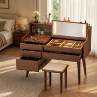 Coiffeuse en noyer style Mid-Century avec miroir LED relevable, armoire en verre cannelé, 4 tiroirs et tabouret