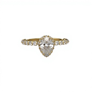Élégante bague de fiançailles plaquée or 18K 14K avec diamant de laboratoire taille poire et halo, et bande pavée de diamants ronds, bague fine solitaire pour femme - Product Image 1