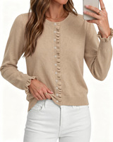 Cardigan en maille pour femme à col rond, manches longues, coupe courte, avec bordure à volants et boutons sur le devant, style décontracté, broderie personnalisée
