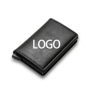 Desain kustom logo Rfid fungsi pemblokir kulit Pu otomatis Pop Up tempat kartu kredit dompet dengan kotak kartu logam