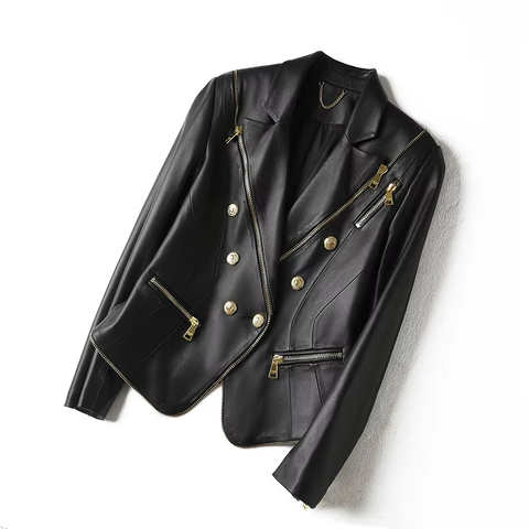 3223 Leather Suits Women Pocket Zipper Genuine Leather Coat for Women
