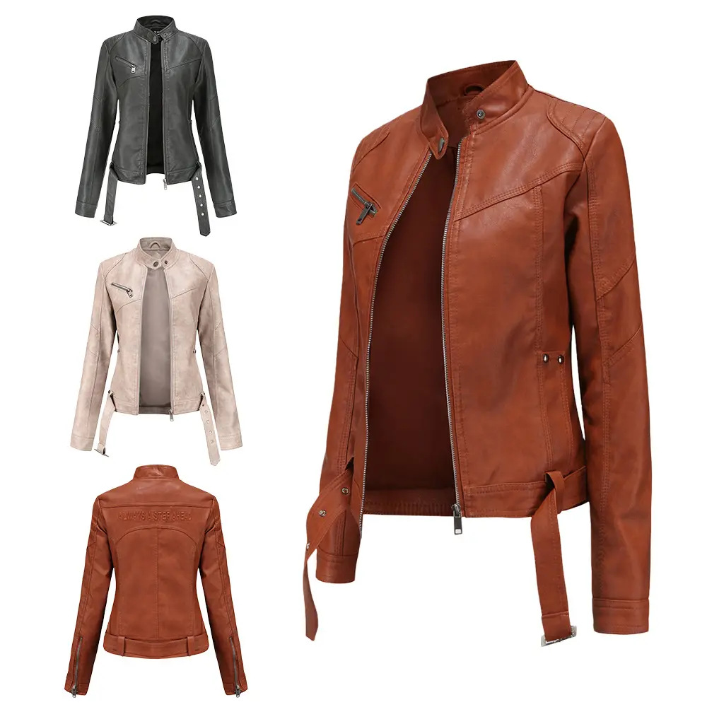 Chaqueta de motociclista de piel sintética para mujer, chaqueta de motociclista corta, color marrón, personalizada, de alta calidad, con cinturones