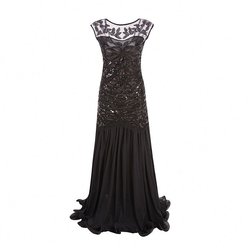 backless elegant dress Black 1920s evening dress of satin with handkerchief skirt main image 1