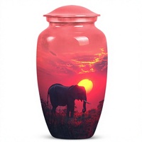 Urne funéraire commémorative en aluminium de 10 pouces, motif éléphant et coucher de soleil sur prairie rouge, pour cendres humaines adultes, scellée, pour la crémation de faunes sauvages