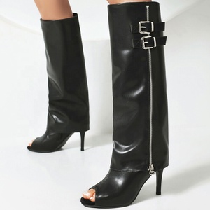 Botas de tacón alto fino y sexy con punta abierta, talla grande 48, con cremallera lateral, estilo stiletto, para verano, con cinturón metálico, hasta la rodilla, para mujer - Product Image 1