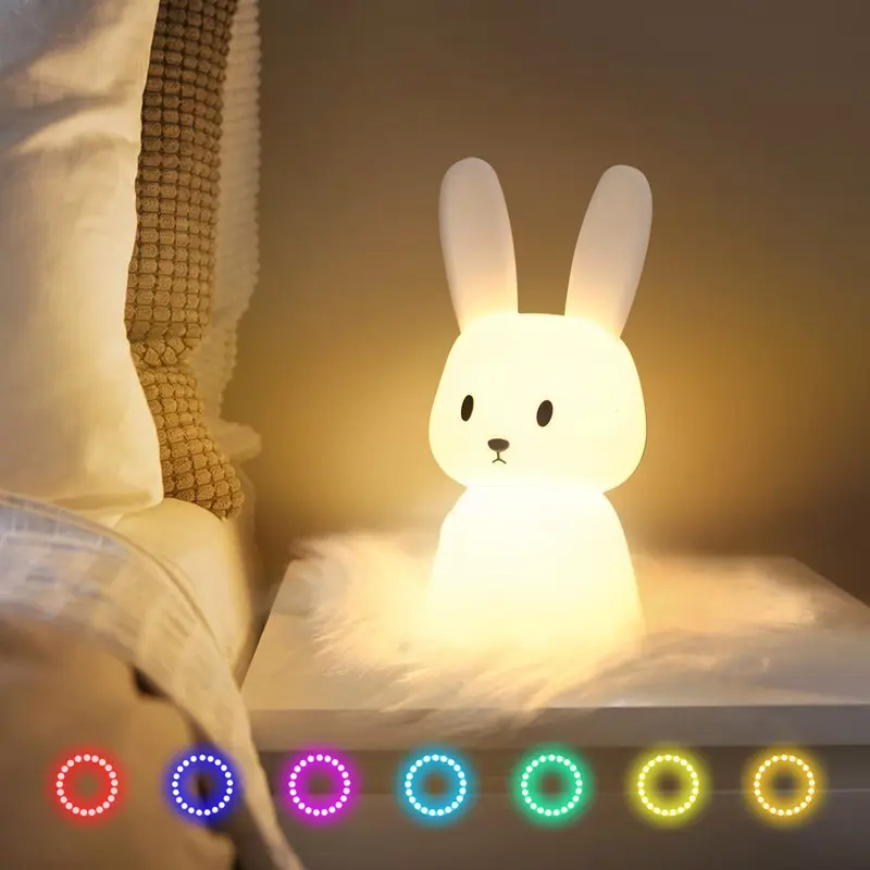 Lampu Kelinci Silikon Samping Tempat Tidur, Saklar Sentuh Kontrol Led Lampu Malam untuk Bayi Anak-anak