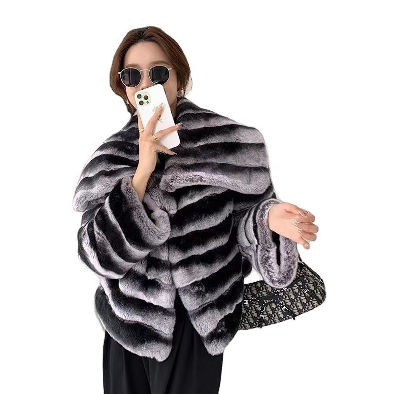Drawstring Rabbit Fur Coat Elegant Winter Coats - Genuine Rex Rabbit Fur with Big Collar