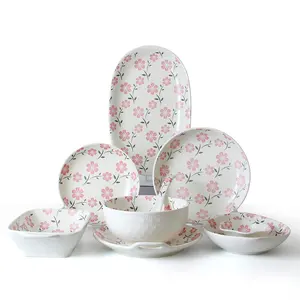 Under Glazed Plates and Bowls White Dinner Set Ceramic Japanese Dishware Floral Dinnerware Set