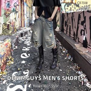 Shorts en jean pour homme, style vintage, effet vieilli, coupe charpentier, avec patchs personnalisés et appliques streetwear, jambe large et ourlet déchiré - Product Image 2