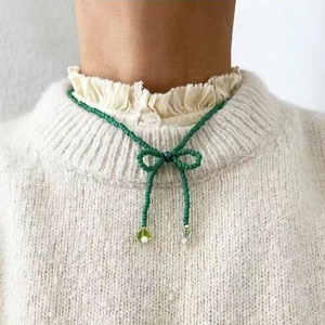 Parure de bijoux tendance en cristal, faite à la main, avec nœud mignon, pour femme, <span class=keywords><strong>collier</strong></span> et boucles d'oreilles ajustables en perles faites à la main - Product Image 2