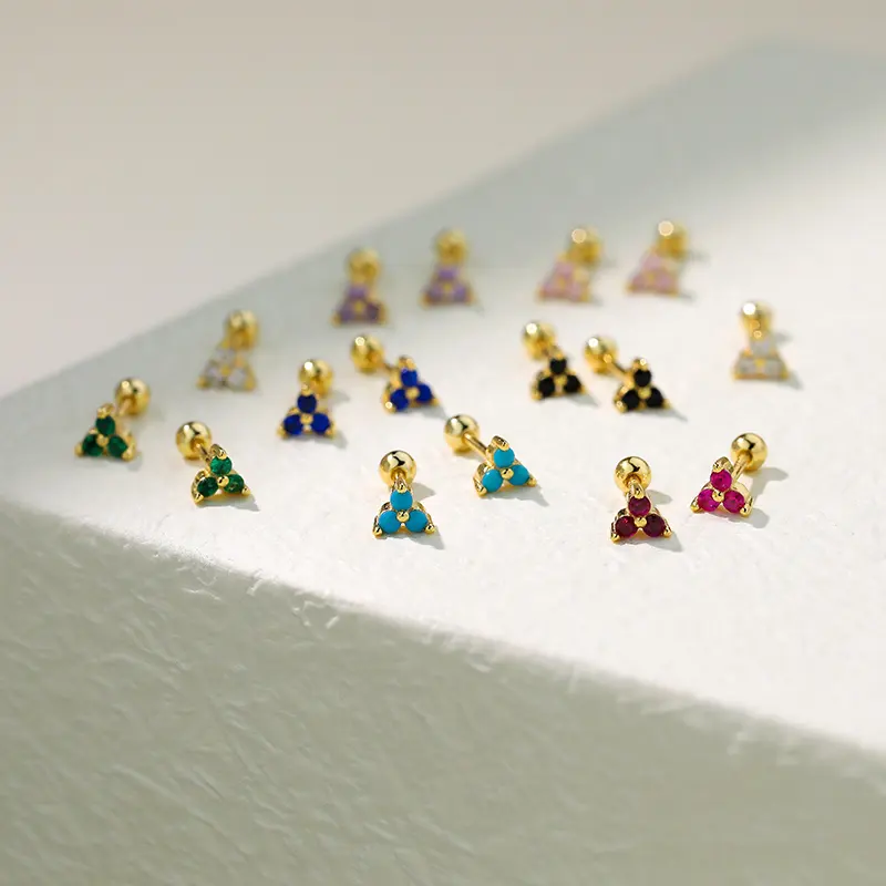 Tiny Wholesale 925 Sterling Silver Minimalist Red Green Blue Zircon Triangle Mini Piercing Stud Earrings For Girls