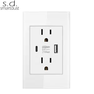 Smartdust Tempered Glass Panel Socket Outlet Dual Double 2.1A Socket with USB Plug and Type C Charger Socket