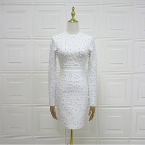 Delle signore di Perle <span class=keywords><strong>In</strong></span> Rilievo Bianco del Vestito Dalla Fasciatura Club vestito A Maniche Lunghe Aderente Mini Vestito Dalla Fasciatura - Product Image 4