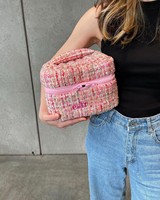 Ensemble de trousse de beauté en tweed à logo brodé personnalisé de grande capacité sac cosmétique pour femme avec poignée