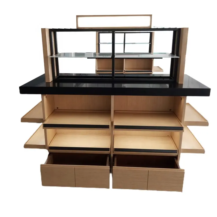 Supermarket Rack Display Stand Display Cabinet Fixtures Wooden And Metal Layers