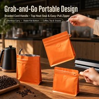 Sachet de café à fond plat avec poignée, fermeture à cordon, scellage huit côtés, valve de dégazage, fermeture éclair à languette en T, 1/4lb 1/2lb 1lb, personnalisé OEM