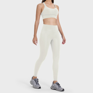 Tuta Fitness Yoga da donna <span class=keywords><strong>Set</strong></span> in due pezzi di pantaloni Top non T-Line a tinta unita abbigliamento sportivo estivo antiurto - Product Image 5