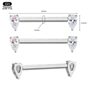 Piercing de titanio F136 con circonita en forma de lágrima para pezón, 22 mm, 1.6 mm, varilla recta - Product Image 1