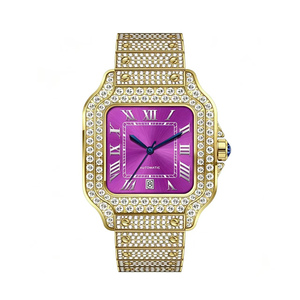 Montre carrée unisexe de luxe en acier inoxydable, cadran violet, incrustée de diamants, analogique, date, fermoir pliant - Product Image 2