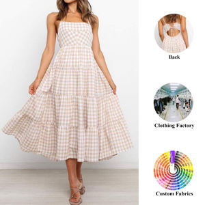 <span class=keywords><strong>Abito</strong></span> <span class=keywords><strong>Midi</strong></span> Estivo Elegante Casual Personalizzato ODM per Donne, Gonna a Strati in Cotone a Quadretti con Schiena Incrociata e Volant - Product Image 1