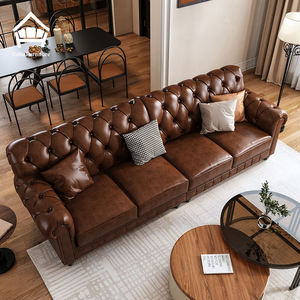 Canapé Chesterfield en <span class=keywords><strong>cuir</strong></span> véritable capitonné rétro américain de luxe 2/3/4 places Ensemble de canapés sectionnels <span class=keywords><strong>marron</strong></span> Meubles de salon - Product Image 4
