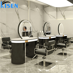 Espejo de pie de acero inoxidable KISEN para salón de belleza con estantes de almacenamiento y diseño contemporáneo para barbería. - Product Image 4