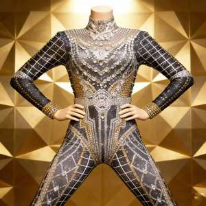 Moda Kış Balo Salonu Dansçı Şarkıcı Kostüm Elbise Altın Renkli Taşlar ile Kadınlar için Spandex/Polyester Malzeme - Product Image 2