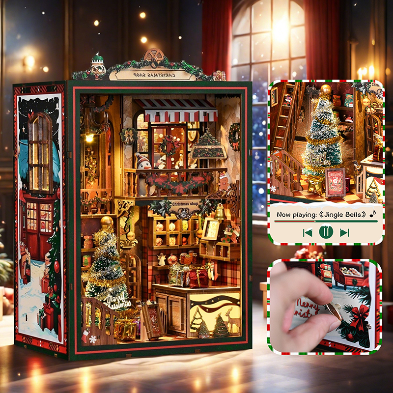 Christmas Gift Shop DIY Miniature House with Music Box & Book Nook Kit