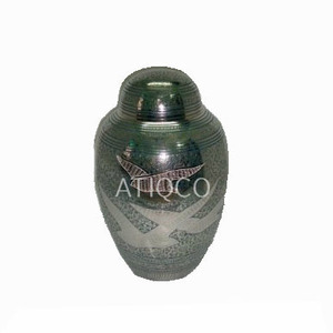 Hand Engraved Solid Brass Cremation Metal <b>Jar</b> Latest Attractive Green Flower Printed Highest Quality Funeral Supplies - Product Image 3