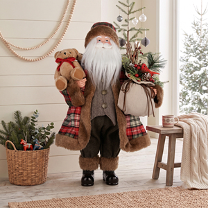 Figurine de Père Noël debout en fourrure de chameau à carreaux rouges de 36 pouces, avec sac de baies en toile de jute pour boutique de cadeaux - Product Image 1