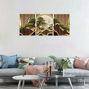 Asian Zen Canvas Art Print 3-Piece Set With Backlight Wall Decoration Rectangle <b>Gold</b> <b>Frame</b> Landscape Design - Product Image 3