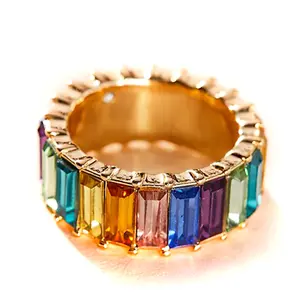 เครื่องประดับแหวนหินสีสำหรับผู้หญิงชุบทอง,แหวนทองคำชุบคริสตัลทรงเรขาคณิตบุคลิกภาพ