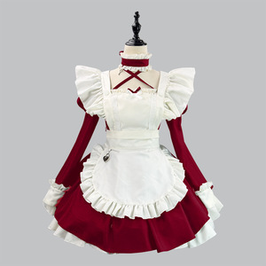 Japanese Style Puff Sleeve Maid Costume Black Burgundy Cosplay Costume For Anime Game Role Playing 14 Years Up - Product Image 4