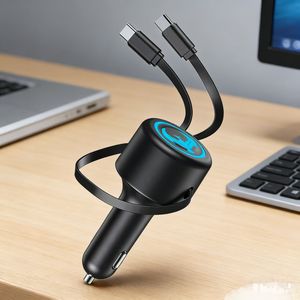 Cargador rápido para coche 4 en 1 con múltiples puertos de carga, 2 cables retráctiles y carga PD, tipo C. - Product Image 1