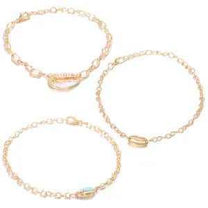 3 Pcs/set New Design Sea Beach Shell Hollow Flower Bead Chain Moon Pendant Charm Bracelet Set Jewelry