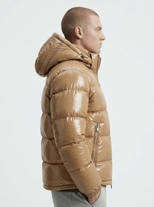 Veste matelassée à capuche marron pour homme, coupe-vent, fermeture éclair, coupe classique, manteau d'hiver en duvet, couleur unie, style décontracté - Product Image 3