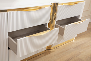Commode moderne en bois à 6 tiroirs avec détails dorés, blanche, pour chambre à coucher (éco-responsable, comprend uniquement la commode) - Product Image 6