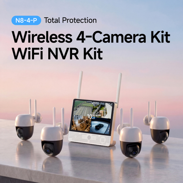 N8-4-P WiFi 6 Wireless NVR Security System 3MP HD 4CH CCTV Kit with LCD Monitor Support 14TB HDD Two-way Audio Set