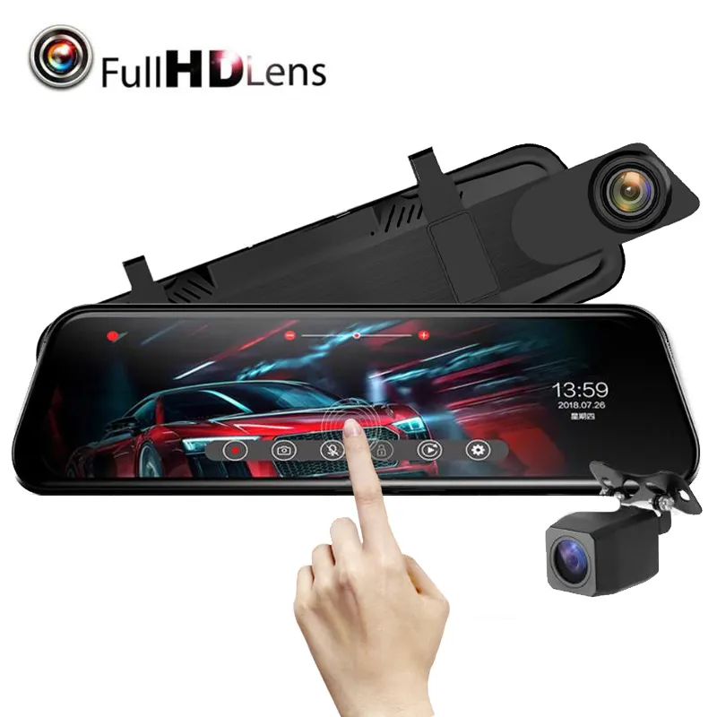 Kamera Mobil Lensa Ganda Full HD 1080P, Perekam Video Kaca Spion dengan Tampak Belakang DVR Kamera Dasbor Otomatis Teregistrasi