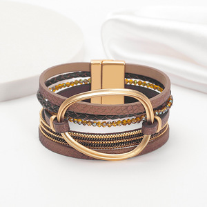 Pulsera <span class=keywords><strong>de</strong></span> Mujer con Cuentas <span class=keywords><strong>de</strong></span> Cristal y Cuero PU Multicapa, Piezas Geométricas <span class=keywords><strong>de</strong></span> Aleación, Cierre Magnético, Joyería Elegante - Product Image 6