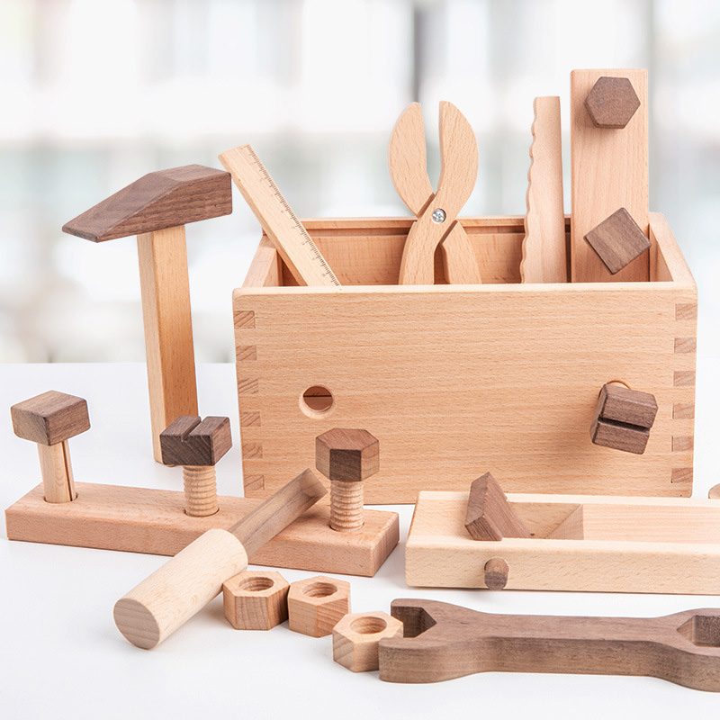 Детский деревянный ящик для инструментов, комплект для ролевых игр, Обучающие игрушки Монтессори, гайка, разборка, винт в сборе, имитация ремонта, Столярный инструмент