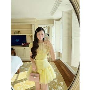 Short Sleeve <b>Lantern</b> Sleeve Sweet Slits <b>Mini</b> Prom Dress Elegant Light Yellow Lace Beading Digital Party Dress Women Hot Selling - Product Image 1