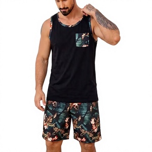 Men's Black Striped Silk Screen Printed Tank Top Set Polyester/Cotton Knitted Fabric Quick Dry Breathable Summer Wear Crew Neck - Product Image 6