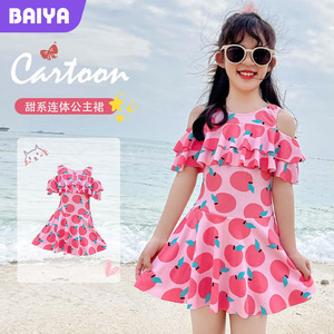 Traje de Baño de una Pieza para Niñas Baiya, Estampado de Manzanas Rosadas, Secado Rápido, UPF 30, para Vacaciones en la Playa - Product Image 1