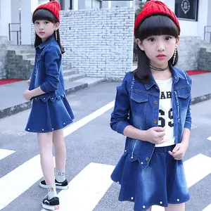 2021 Kid Autumn Spring Big Girl Clothing Set Cowboy Coat T Shirt Skirt 3pcs Jeans Suits Solid Color Turn Down Collar Girls Suit