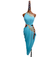 Robe de danse salsa et latine bleue asymétrique à strass et paillettes pour femme, tenue de compétition de danse de salon