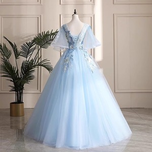 Blue Tulle Performance Gown Long Skirt Women Stage Costume Polyester Fiber Sequins Art Exam Folk Song Solo Bel Canto Tutu Dress - Product Image 4