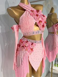 Nuevo Vestido de Baile <span class=keywords><strong>Latino</strong></span> para Mujer, Top Halter con Borlas y Flores, Conjunto de Falda, Traje de Baile, Rosa - Product Image 2